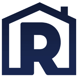 R-shaped house logo in dark blue.